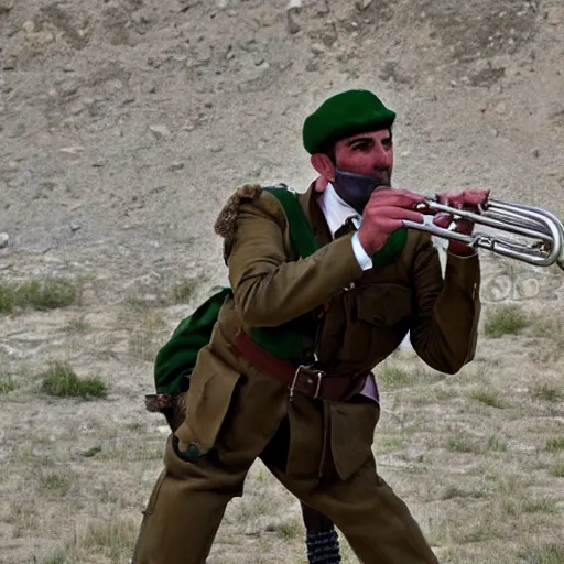 Prompt: A gypsy paratrooper with rifle blowing his trumpet