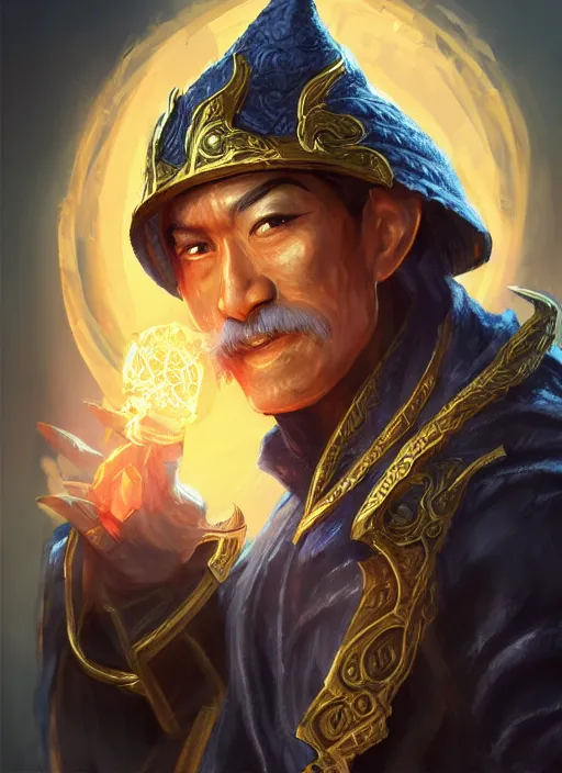 Image similar to a highly detailed illustration of fierce short black haired older asian male wizard wearing ornate navy robe and mage hat, dramatic wielding glowing orb pose, intricate, elegant, highly detailed, centered, digital painting, artstation, concept art, smooth, sharp focus, league of legends concept art, WLOP