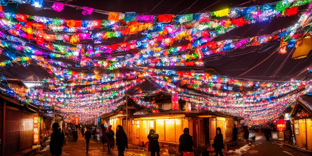 Prompt: a Japanese cyberpunk shrine, snowing, photograph,, sharp focus, intricate detail, high resolution, 8k, neon streetlights, wires hanging down everywhere, Japan, colourful, prayer flags