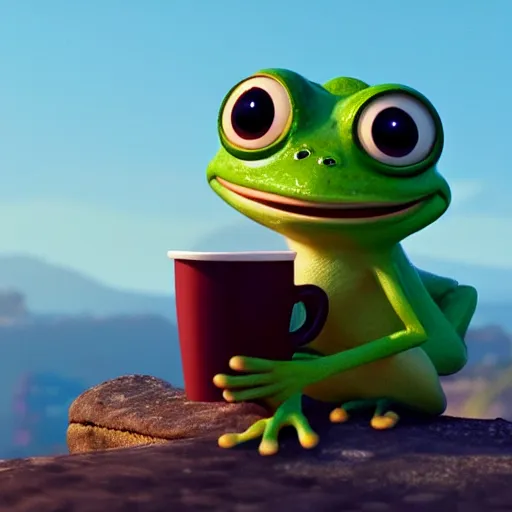 Prompt: a wholesome animation key shot of small pepe the frog holding a cup of coffee on a hill, medium shot, studio ghibli, pixar and disney animation, sharp, rendered in unreal engine 5, anime key art by greg rutkowski, bloom, dramatic lighting