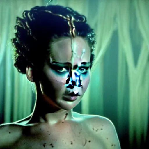 Image similar to jennifer lawrence as the bride of frankenstein, color photography, sharp detail, still from the movie van helsing