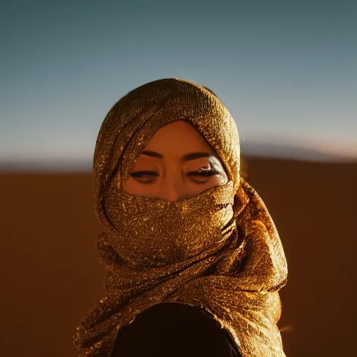 Prompt: female balaclava photography portrait, desert wind, golden particles flying in the air, bokeh, golden hour