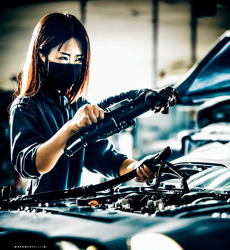 Prompt: a photo close up a female mechanic tuning the engine of a jdm supercar, wearing mask, japanese tuning garage, gunma prefecture, midnight, photorealistic, cinematic color, studio lighting, highly detailed, bokeh, style by tomino - sama