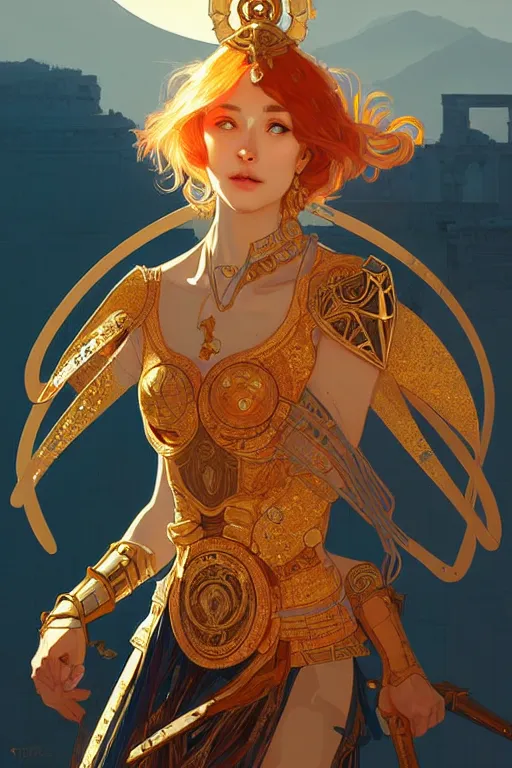 Prompt: portrait knights of zodiac girl, golden and copper shining armor, in ruined agora of athens sunrise, ssci - fi and fantasy, intricate and very very beautiful and elegant, highly detailed, digital painting, artstation, concept art, smooth and sharp focus, illustration, art by tian zi and ilya kuvshinov and wlop and alphonse mucha