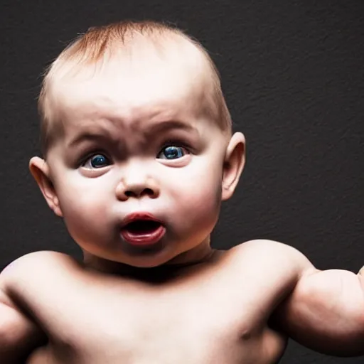 Prompt: an absurdly muscular baby flexing, steroid user, intense expression, epic, high detail, high contrast