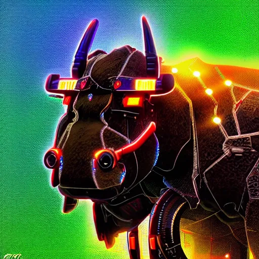 Image similar to a cybertronic bison, leds, high detail, sharp, studio, digital art