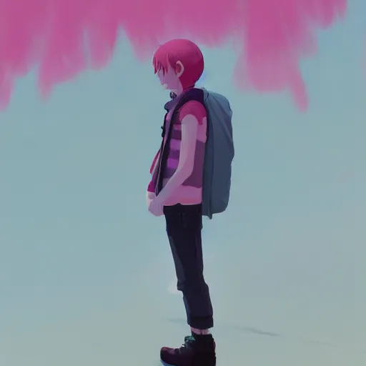 Image similar to portrait of a pink haired teen boy, highly detailed, digital painting, by makoto shinkai and thomas kindle and James gilleard