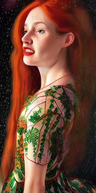 Image similar to infp young woman, smiling amazed, golden fireflies lights, full covering intricate detailed dress, amidst nature, long red hair, accurate linework, green eyes, small nose with freckles, oval shape face, realistic, expressive emotions, dramatic lights, hyper realistic ultrafine art by artemisia gentileschi, caravaggio, jessica rossier, boris vallejo