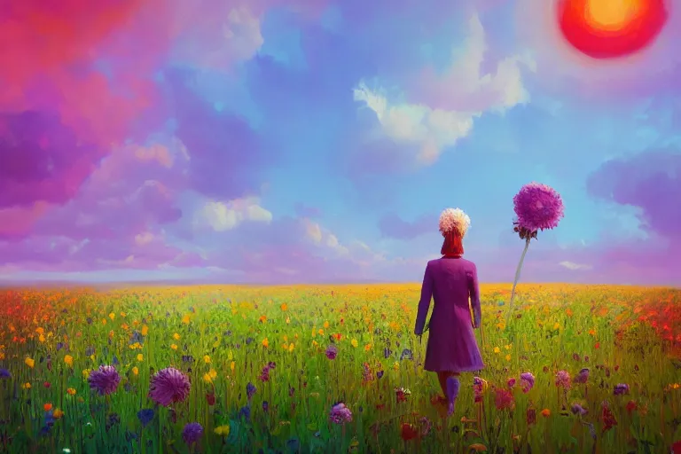 Image similar to closeup, giant flower head, girl in suit walking in field of flowers, surreal photography, sunrise, blue sky, dramatic light, impressionist painting, digital painting, artstation, simon stalenhag