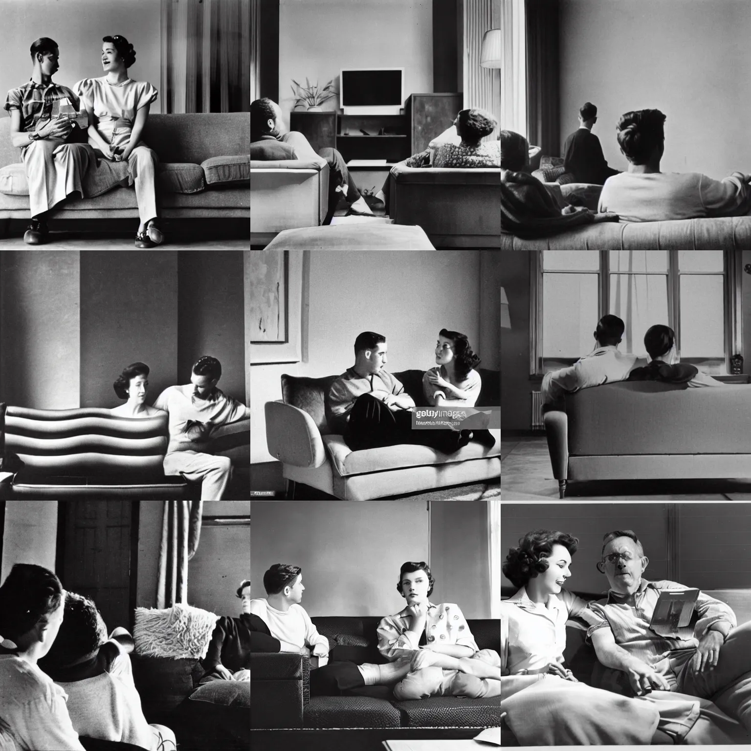 Prompt: a man and a woman are sitting on a couch, they are watching tv, they are photographed from behind, 1 9 5 0 s interior