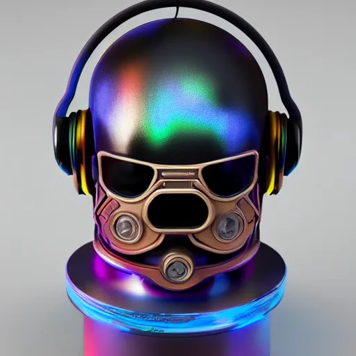 Image similar to a claymodel of a steampunk spaced out futuristic robot head wearing headphones and multicolored tubes, 8 k, front view, symetrical, flourescent colors, halluzinogenic, multicolored, exaggerated detailed, front shot, 3 d render, octane