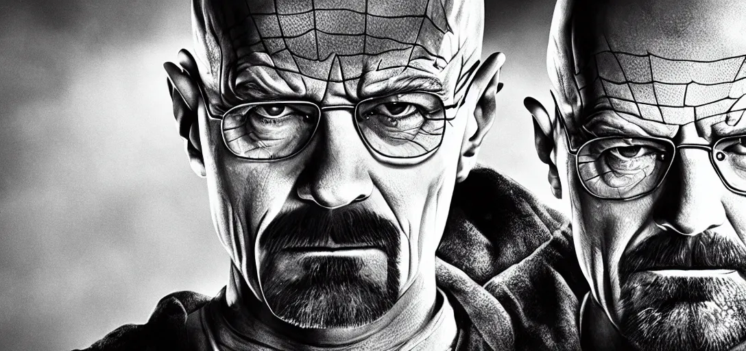 Image similar to Walter White as Spider-Man, film still, wide-shot, full shot, cinematic lens, heroic portrait