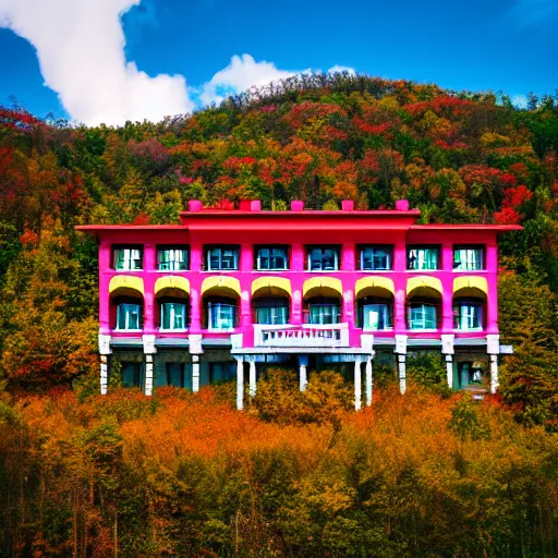 Image similar to Symmetric Wes Anderson film still in the Great Smoky Mountains without people. Establishing shot. Architecture. 8k resolution. Pastel. Sharp. Whimsical. Symmetry. Stunning.