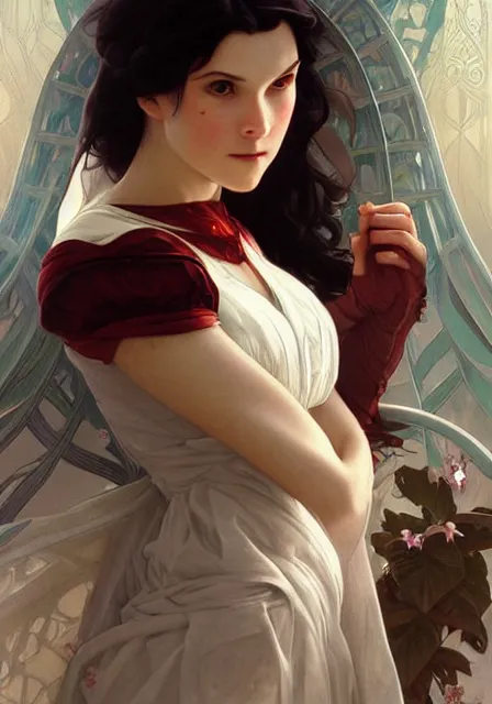 Image similar to snow white, intricate, elegant, highly detailed, digital painting, artstation, concept art, smooth, sharp focus, illustration, art by artgerm and greg rutkowski and alphonse mucha and william - adolphe bouguereau