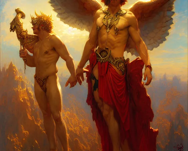 Image similar to attractive male deity, casting demonic magic, summoning handsome lucifer morning star. highly detailed painting by gaston bussiere, craig mullins, j. c. leyendecker 8 k