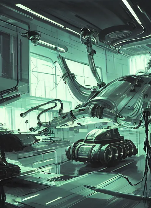 Prompt: futuristic bio laboratory, decaying, glowing tanks with floating bodies mounted on the walls, ceiling mounted robotic surgeon consoles, cosmic horror painting, elegant intricate digital painting artstation concept art by syd mead detailed