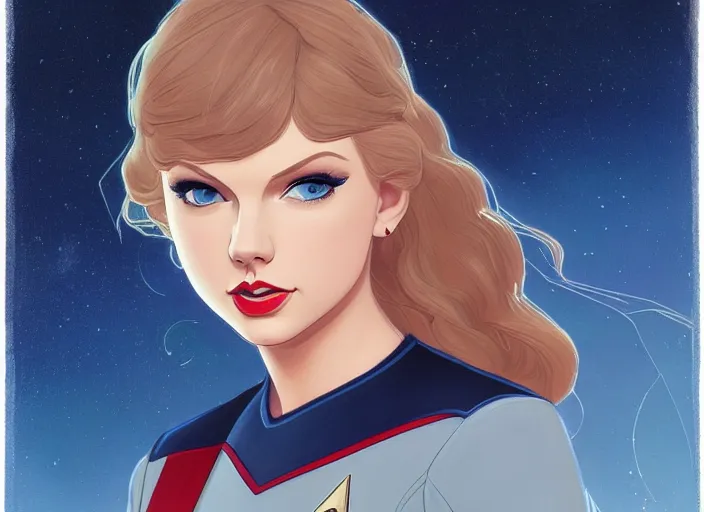 Image similar to a disney film still of taylor swift as a star trek officer, finely detailed features, closeup of the face, perfect art, dusk, blue hour, gapmoe yandere grimdark, trending on pixiv fanbox, painted by greg rutkowski, makoto shinkai, takashi takeuchi, alphonse mucha, akihiko yoshida