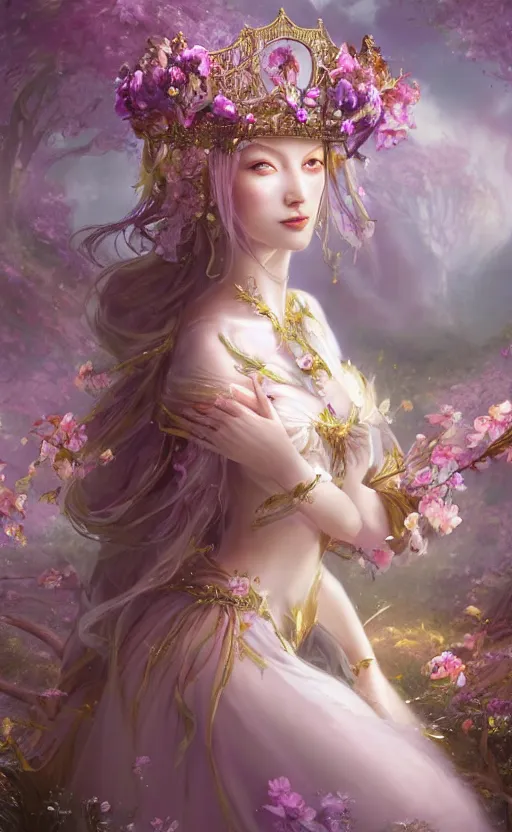 Image similar to A beautiful fantasy empress, full body, just one head, flower tiara, long hair, wearing dramatic aristocrat robe, delicate figure, field of fantasy flowers, foxes and deer, epic composition, ultra wide-shot, dynamic pose, concept art, beautifully lit, digital painting, smooth, character design, sharp focus, elegant, intricate, trending on artstation, by WLOP and James Jean and Victo Ngai