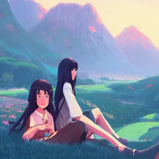 Prompt: one teen girl with long black hair and bangs, one teen boy with black hair, flower fields and mountains in the background, digital painting, artstation, highly detailed, by makoto shinkai and thomas kindle and James gilleard