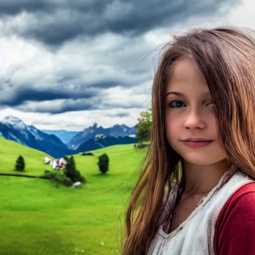 Prompt: a beautiful photograph of a girl with switzerland landscape in the background with trees, hdr, 8 k, high quality, sharp focus, artstation, highly detailed, award - winning, dramatic lighting, beautiful clouds, and nature