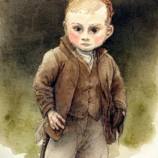 Prompt: portrait of a child standing and facing front looking strait ahead with a clear detailed face a muted color watercolor sketch of story book character ifrom the book Baltimore & Redingote by Jean-Baptiste Monge of an old man in the style of by Jean-Baptiste Monge that looks like its by Jean-Baptiste Monge and refencing Jean-Baptiste Monge