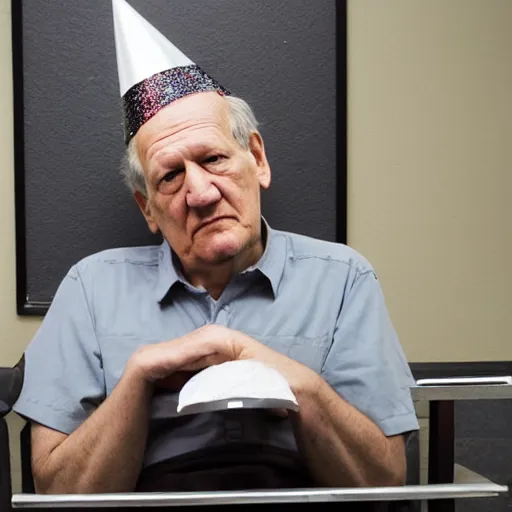 Image similar to wide angle portrait of werner herzog sitting alone in the waiting area of the dmv, wearing a party hat. wide shot, ansel adams, award winning, hyperrealistic, grand budapest hotel, studio lighting, very detailed face, chiaroscuro, film noir