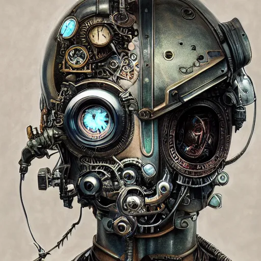 Image similar to portrait painting of a steampunk cyborg mother, transhumanism, ultra realistic, concept art, studio ghibli, intricate details, eerie highly detailed