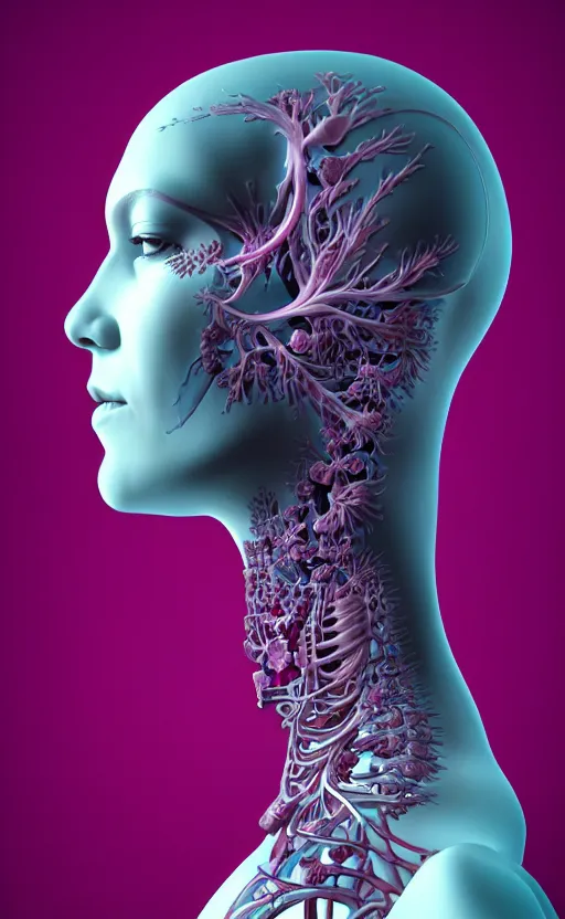 Image similar to 3D render of a beautiful profile face portrait of a female cyborg, 150 mm, flowers, Mandelbrot fractal, anatomical, flesh, facial muscles, veins, arteries, full frame, microscopic, elegant, highly detailed, flesh ornate, elegant, high fashion, rim light, ray trace, octane render in the style of H.R. Giger