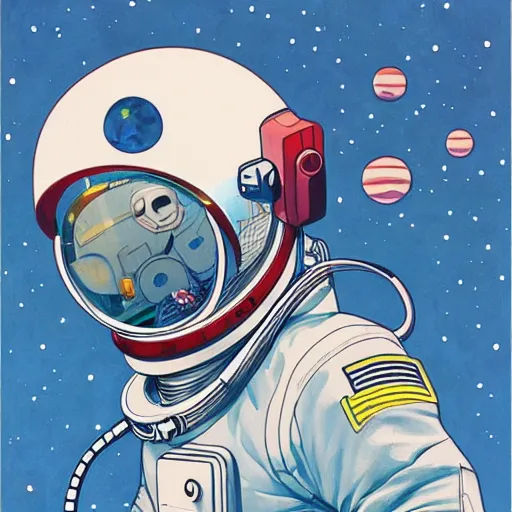 Prompt: james jean artwork of an astronaut drifting in space staring at the earth