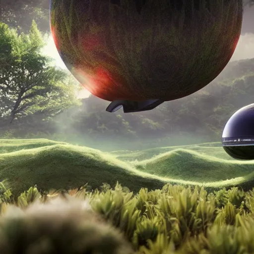 Prompt: a spherical car driving through a beautiful wonderland, smoke - filled ， green hill, many interstellar plants, little dinosaur and man dance together, futuristic concept design, airscape, high detail render by octane, unreal engine, 8 k, cinematic