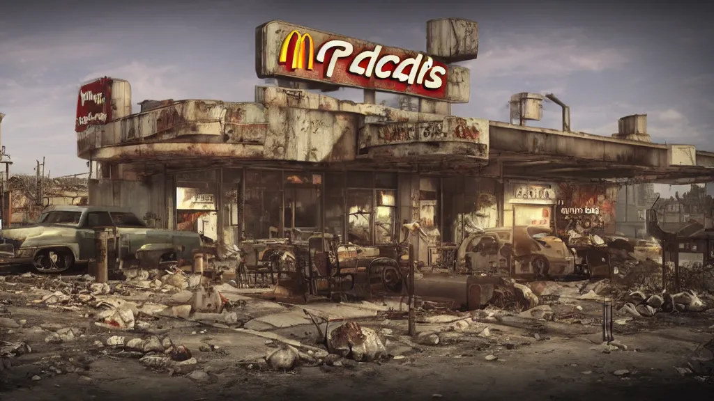 Prompt: post apocalyptic McDonalds::10000, fallout, wasteland, octane render, 8k