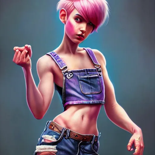 Image similar to full body pose, pixar, beautiful androgynous girl, pink pixie cut hair, torn overalls, short shorts, combat boots, fishnets, beautiful, highly detailed face, true anatomy!, extremely detailed!, digital painting, unreal engine 5, art by tom bagshaw