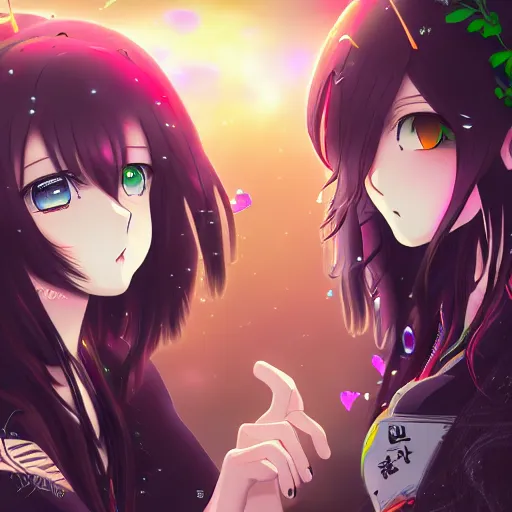 Image similar to two beautiful lesbian girls in love, djing together at the end of the world, in the style of anime, close - up, highly detailed face, 4 k, artstation, intricate, chaotic, brutal, esoteric, highly detailed, lush, stylized, japanese, smooth