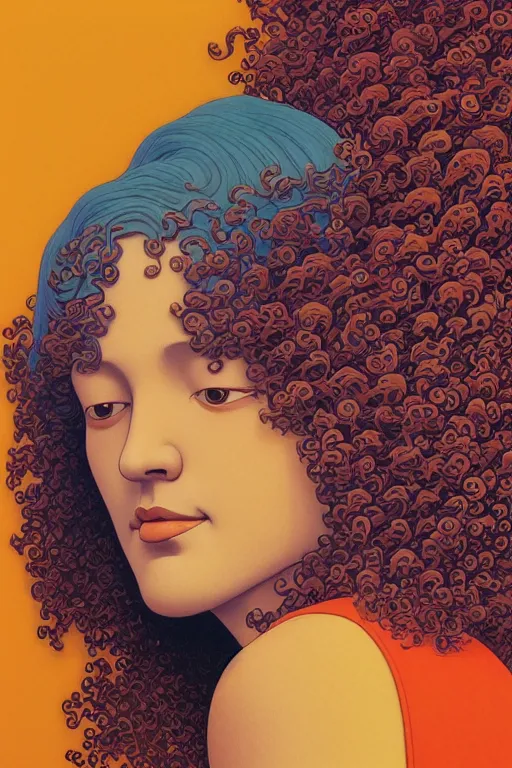 Prompt: a colorful vibrant closeup portrait of a simple caucasian woman with curly mid length brown hair with a calm aesthetic face and dreaming psychedelic hair, by kawase hasui, moebius, edward hopper and james gilleard, zdzislaw beksinski, steven outram colorful flat surreal design, hd, 8 k, artstation