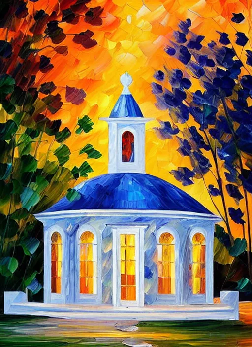 Image similar to beautiful seaside greek chapel at sunset in the style of leonid afremov