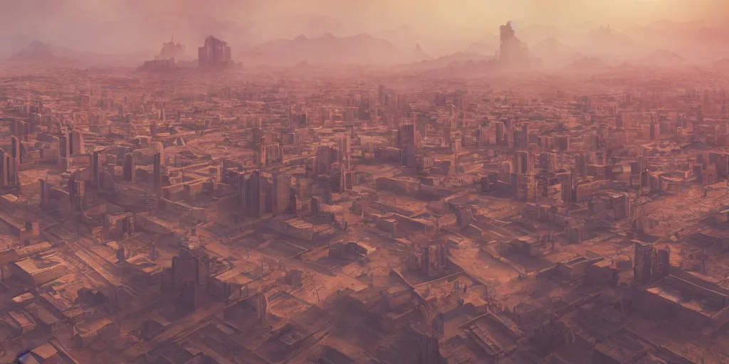 Image similar to ancient urban city super wide aerial view, building, desert, temple, cinematic composition, mist, obscure render light dark, blade runner 2 0 4 9