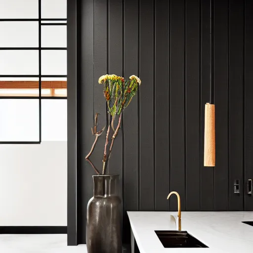 Image similar to kitchen, stone, interior design, stylish luxury hotel kitchen design, yakisugi, black vertical slatted timber, textures, feminine, black walls, art, Japanese pottery vase with flowers, kakejiku, seasonal, Japanese influences