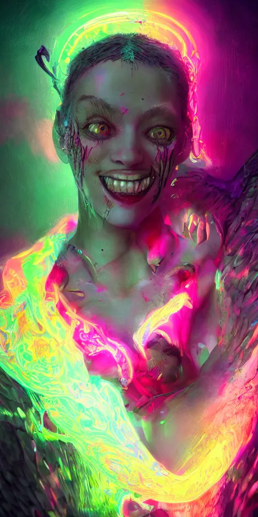 Prompt: impossibly beautiful portrait, dapper dream demon, wings, full body, bad trip, insane smile, intricate complexity, surreal horror, inverted neon rainbow drip paint, trending on art station, photoreal, 8 k, octane render by greg rutkowski