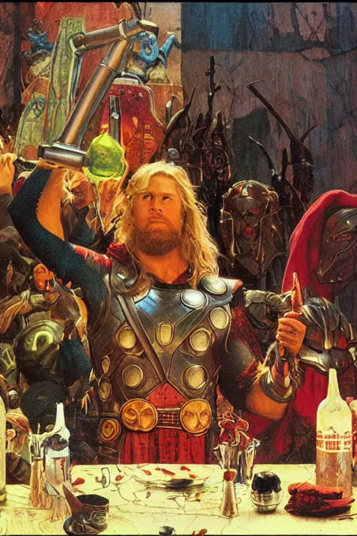 Image similar to thor drinking mountain dew during ragnarok, by lawrence alma tadema and zdzislaw beksinski and norman rockwell and jack kirby and tom lovell and greg staples