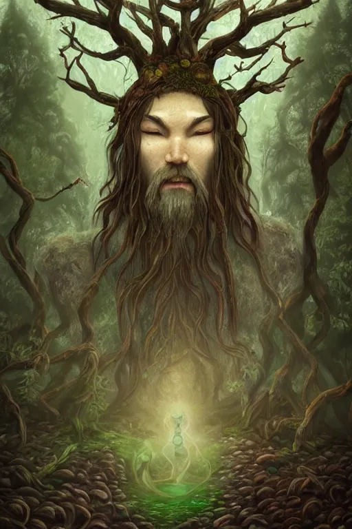 Image similar to gaelic forest spirit, qirin, god, deity, serene, wide angle, super highly detailed, professional digital painting, artstation, concept art, smooth, sharp focus, no blur, no dof, extreme illustration, Unreal Engine 5, Photorealism, HD quality, 8k resolution, cinema 4d, 3D, beautiful, cinematic, art by artgerm and greg rutkowski and alphonse mucha and loish and WLOP