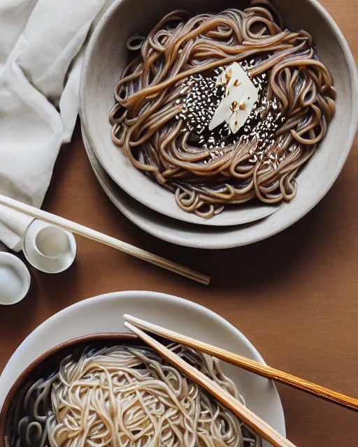 Prompt: realistic photo of delicious miso soba, ( champignon ), bowl, glass, white kitchen table, cloth, marble, highly detailed, by louise lister, sara ali, mary devinat, kailee mandel, sharp focus, masterpiece, award winning, elegant, instagram, high quality, 8 k, food photography