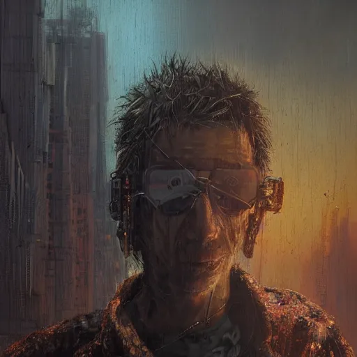 Image similar to cyberpunk, closeup portrait of a shaggy old cyberpunk fence, crooked teeth, bald, tired eyes, tattered tweed jacket, dramatic light, city background, sunset, dystopian setting, high contrast, sharp, neuromancer, the finn, painted by stanley lau, painted by greg rutkowski, painted by stanley artgerm, digital art, trending on artstation