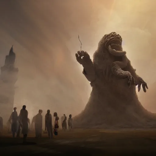 Image similar to Giant smoke monster coming out of the ground, thick swirling smoke, mist, air particles, sandstorm, dramatic lighting, Byzantine ruins, surrounded by priests, worshipers, desert, cinematic, trending on artstation