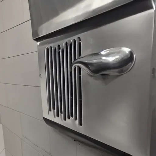 Image similar to commercial washroom hand dryer, metal vent with 🥓 dispenser, detailed instructions