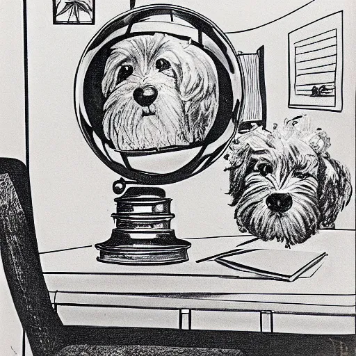 Image similar to self portrait of a havanese dog reflecting into a chrome sphere, 1 9 5 0 s desk and office in the background, pen on paper, by mc escher