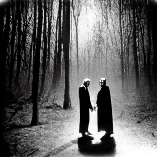 Image similar to photo of boris karloff as frankestein and bela lugosi as dracula in a forest at night, telephoto long distance shot, black and white, low light, vignette, fujifilm, creepy, dark, atmospheric, 3 5 mm, surveillance footage, fisheye