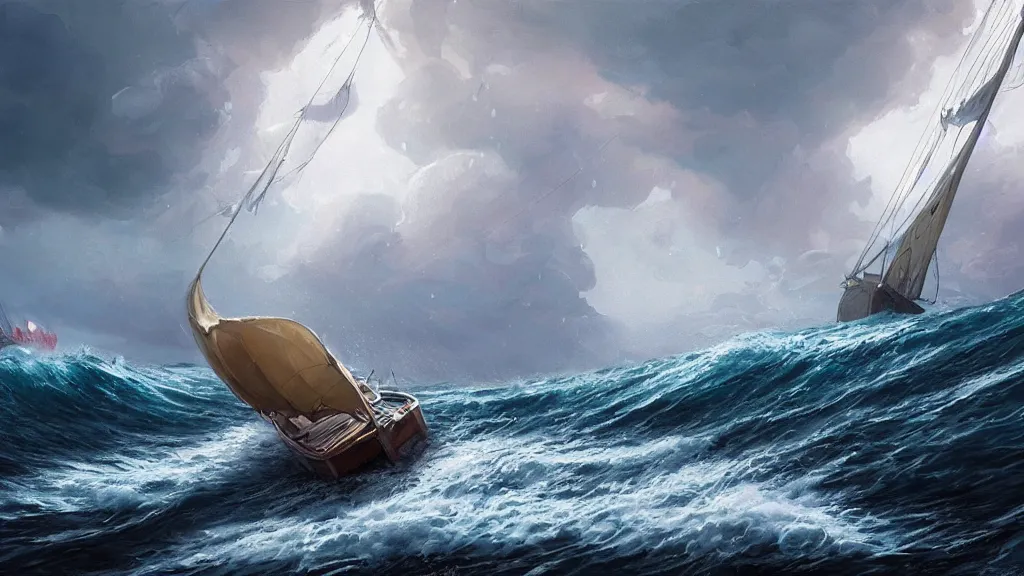 Image similar to a gigantic cat bursting out of a stormy sea attacking a small sail boat, wet fur, giant waves, sunbeams in background, intricate, detailed, volumetric lighting, sharp focus, scenery, photorealism, digital painting, highly detailed, concept art, by simon stalenhag and mark brooks