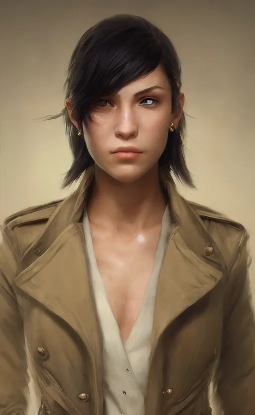 Prompt: upper body portrait of a girl from final fantasy live action, with short black hair and green eyes in a tan trenchcoat, award winning, masterpiece digital painting by greg rutkowski, alex grey, artstation, 4 k wallpaper,