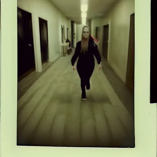 Image similar to A creepy polaroid photo of Billie Eilish chasing you down a hallway