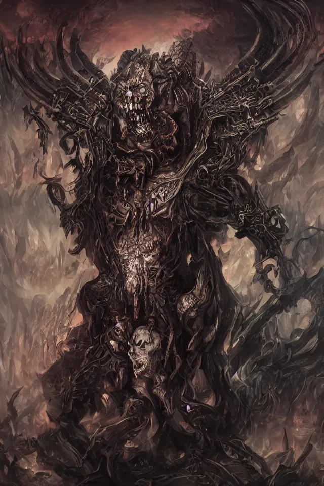 Image similar to horrifying death god demon, maximalist, high detail, 8k, ornate, dark fantasy, realistic, masterpiece, Trending on art station, complex, WLOP